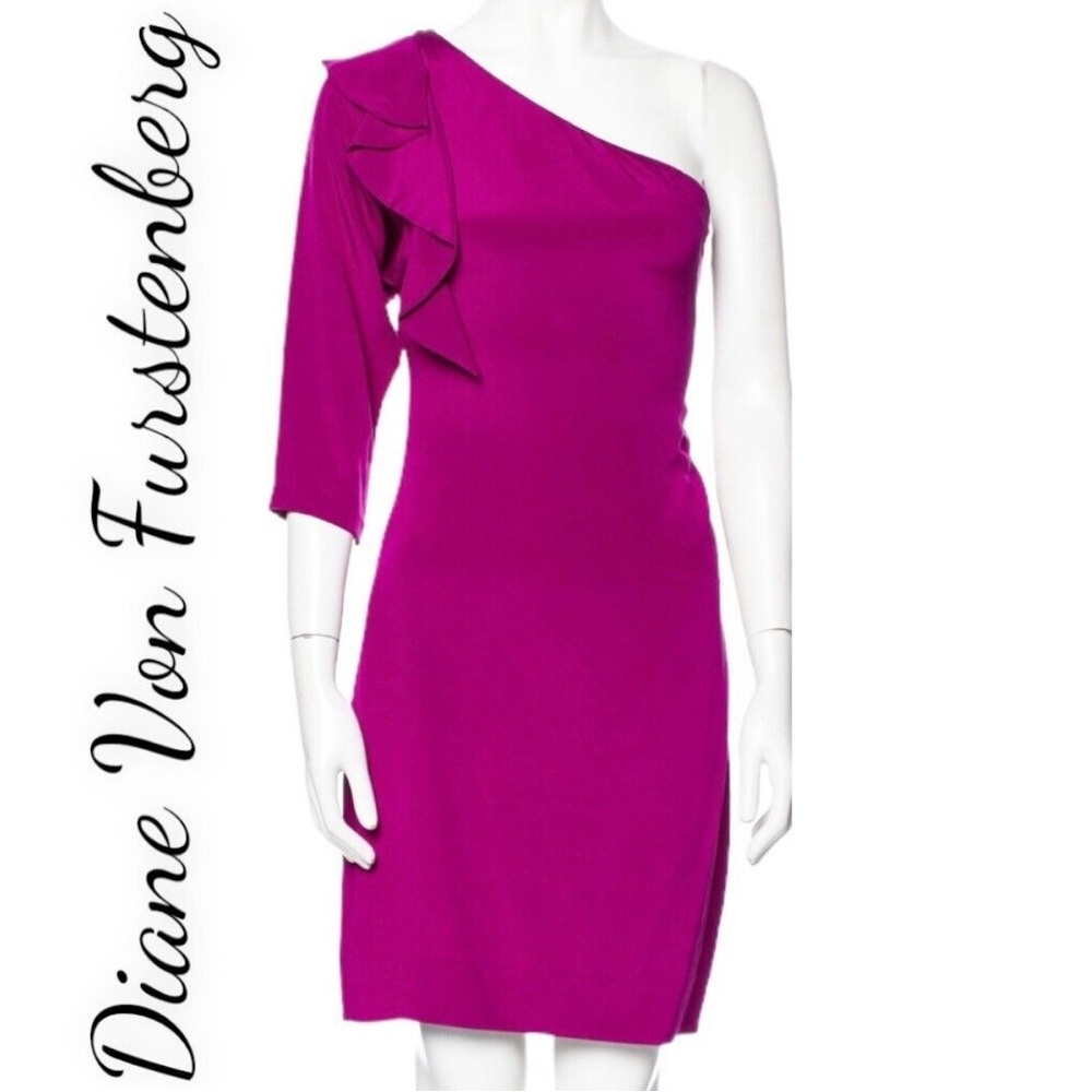 DIANE VON FURSTENBERG Magenta Pink One Shoulder Silk Mini Cocktail Dress, size 4